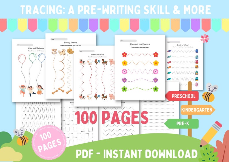 Pre-writing Worksheets, Tracing, Coloring, Learn to Trace, Kids