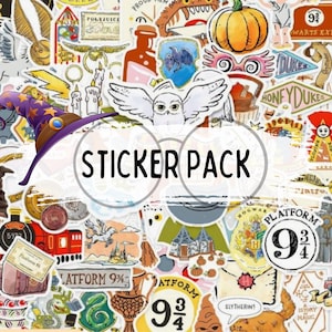 May include: A sticker pack featuring various colorful illustrations. The stickers include a wizard's hat, an owl, a pumpkin, and the text "STICKER PACK". Other stickers depict a train, a potion bottle, and the words "Platform 9 3/4".
