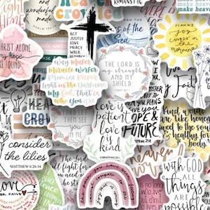 May include: A selection of inspirational stickers with quotes and phrases. The stickers feature floral and rainbow designs, with text in various fonts and colours. The overall theme is faith and encouragement.