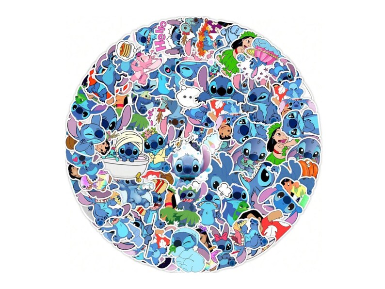 K&ouml;nnte beinhalten: Ein kreisf&ouml;rmiges Set bunter Aufkleber mit der Figur Stitch aus dem Disney-Film Lilo & Stitch. Die Aufkleber sind haupts&auml;chlich blau und zeigen verschiedene Posen und Ausdr&uuml;cke der Figur sowie anderer Charaktere.