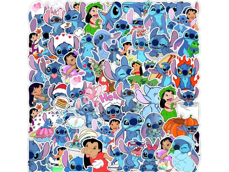 K&ouml;nnte beinhalten: Eine Sammlung bunter Aufkleber mit der Figur Stitch aus dem Animationsfilm Lilo & Stitch. Die Aufkleber zeigen Stitch in verschiedenen Posen und Szenen, mit anderen Charakteren und Objekten. Die Aufkleber sind in Blau-, Rosa- und Wei&szlig;t&ouml;nen gehalten.