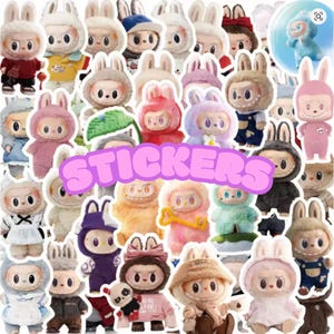 May include: A collection of colorful stickers featuring various cartoon characters with bunny ears and unique outfits. The word "STICKERS" is displayed in a pink bubble letter font across the center of the image. The stickers are in a variety of colors and designs.