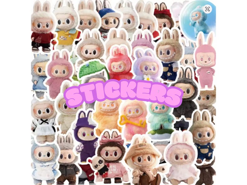 May include: A collection of colorful stickers featuring various cartoon characters with bunny ears and unique outfits. The word "STICKERS" is displayed in a pink bubble letter font across the center of the image. The stickers are in a variety of colors and designs.