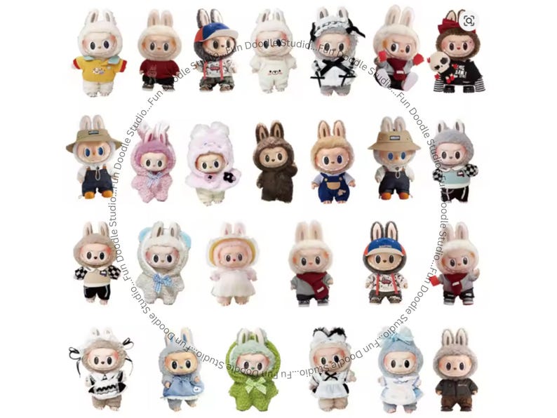 May include: A collection of small, plush bunny figures, each dressed in unique outfits. The figures feature bunny ears and are in various colors, including yellow, red, white, and blue. The text "Fun Doodle Studio" is visible.