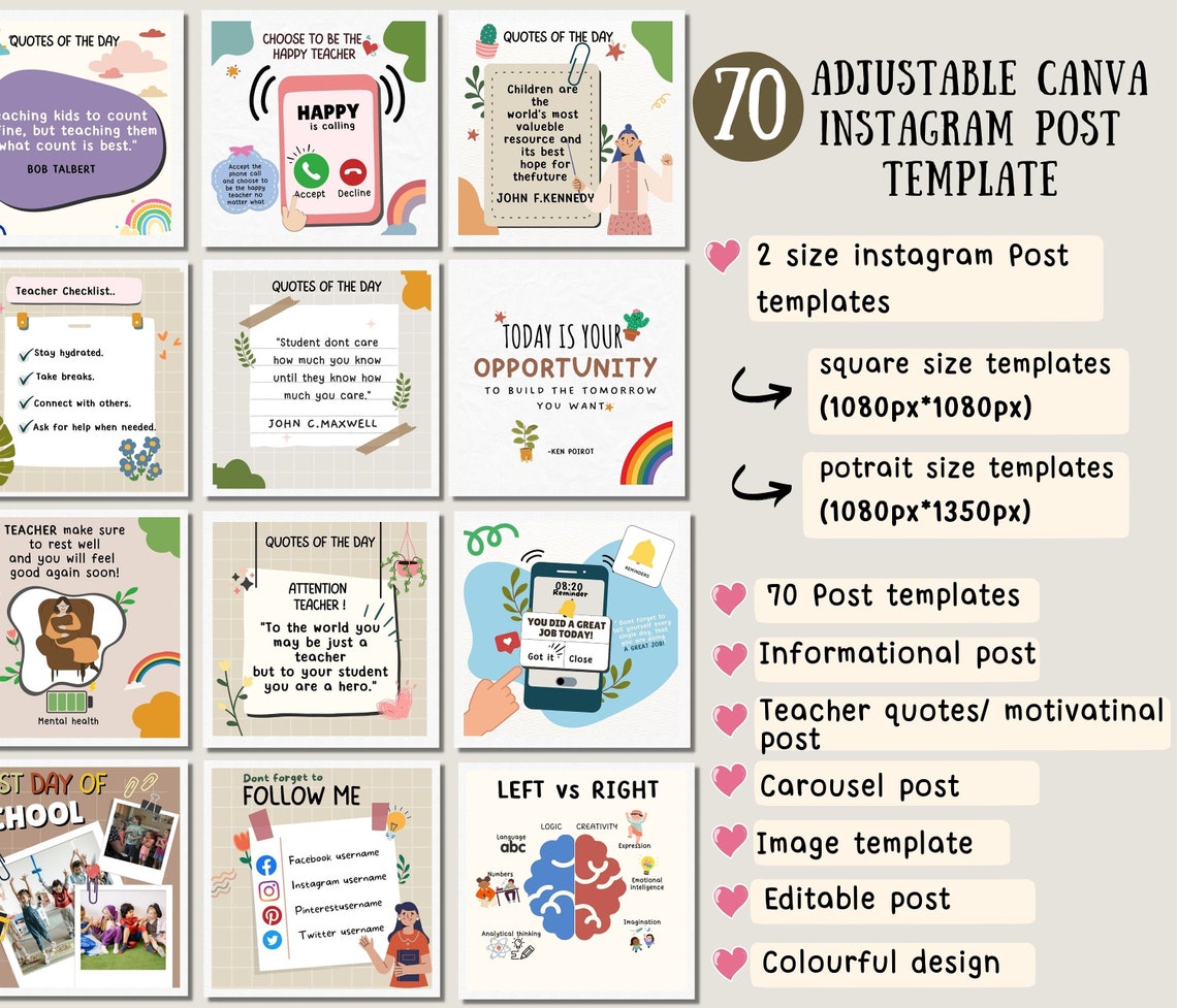 Cute Elementary Teacher Instagram Post Template Canva Colourful ...
