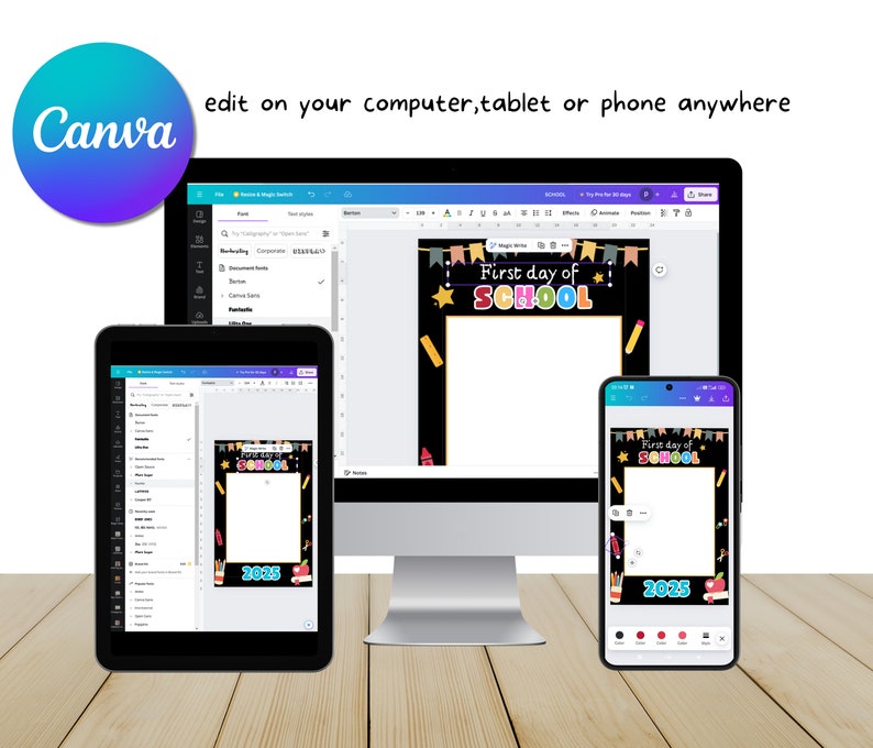Back to School Photo Frame Editable in Canva, First Day of School Photo ...