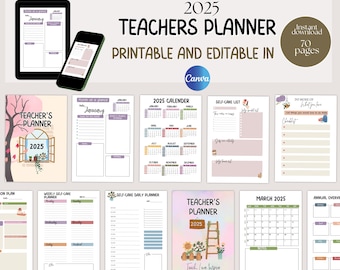 School Teacher Planner printable calendar 2025 Colourful Monthly Educators Weekly Editable Planner Self-care Planner Pink Yearly Template