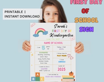 First day of school sign, printable and editable Kindergarten first day of school board, preschool back to school sign, photo prop printable