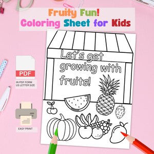 Fruity Fun Coloring Sheet for Kids, Fruits introducing, learn about fruits by coloring