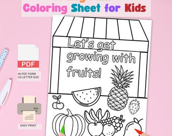 Fruity Fun Coloring Sheet for Kids, Fruits introducing, learn about fruits by coloring