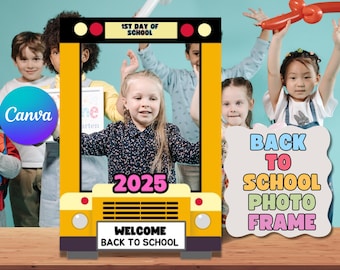 Back to school photo frame editable in Canva, first day of school photo frame, school bus photo frame