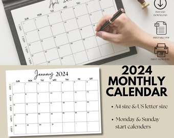 月間印刷可能カレンダー 2024 PDF 横長 2024 ミニマリスト プランナー デザイン 月曜日と日曜日開始 A4 および US レター サイズ 教師用カレンダー