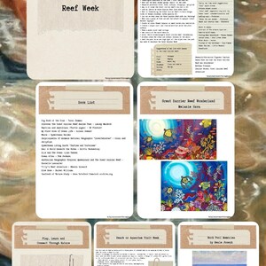 Pode incluir: Uma coleção de folhas de trabalho imprimíveis coloridas para uma unidade educacional com o tema da Grande Barreira de Coral. As folhas de trabalho incluem uma lista de livros, uma ilustração da maravilha do recife e um plano de semana de visita à praia ou ao aquário.