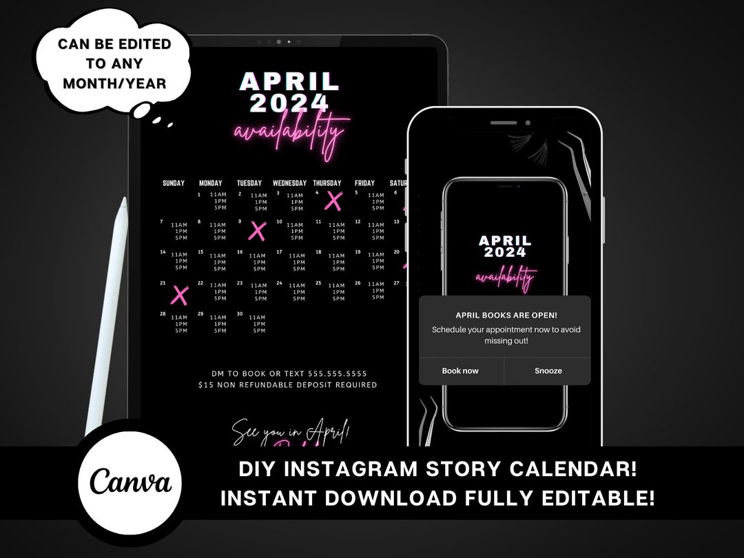 April Availability Calendar, Instagram Story Calendar, Book Now, DIY ...