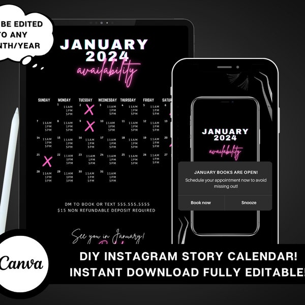 January Availability Calendar, Instagram Story Calendar, Book Now, DIY Custom Template, Appointments Available, Hair Lashes Nails, Canva