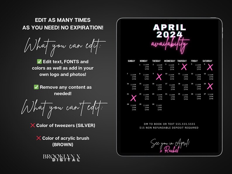 April Availability Calendar, Instagram Story Calendar, Book Now, DIY ...