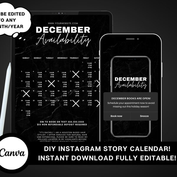 December Availability Calendar, Instagram Story Calendar, Book Now, DIY Custom Template, Appointments Available, Hair Lashes Nails, Canva