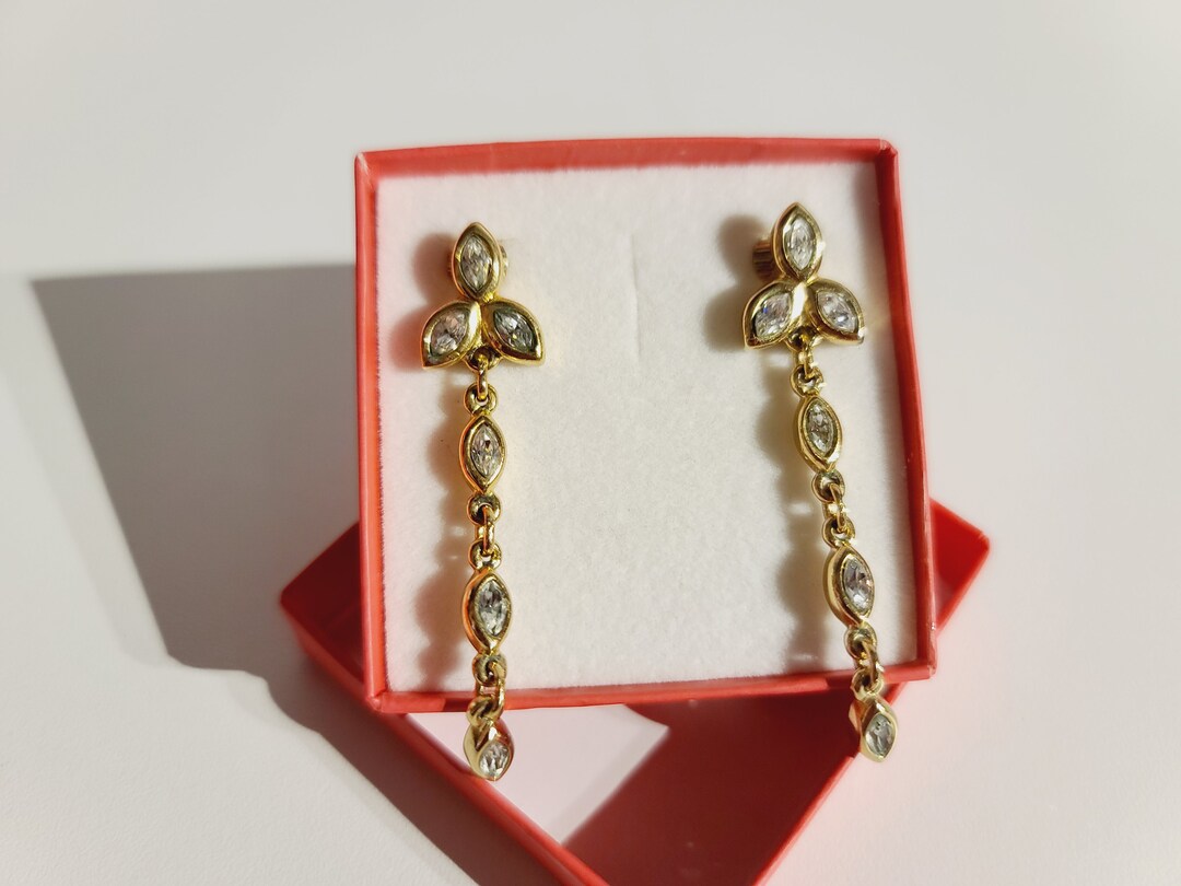 Christian Dior Earrings Vintage, Long Dangle Earrings Gold, Clover