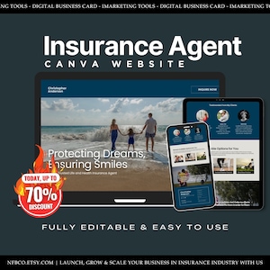Op de afbeelding: Een laptopscherm dat een website voor een verzekeringsagent weergeeft. De website toont een gezin dat op een strand loopt met de tekst "Protecting Dreams, Ensuring Smiles" en "Trusted Life and Health Insurance Agent". Een rode en gele afbeelding met de tekst "TODAY, UP TO 70% DISCOUNT" bevindt zich in de linkerbenedenhoek. De laptop bevindt zich op een donkerblauwe achtergrond met de tekst "Insurance Agent CANVA WEBSITE" boven de laptop en de tekst "FULLY EDITABLE & EASY TO USE" onder de laptop.