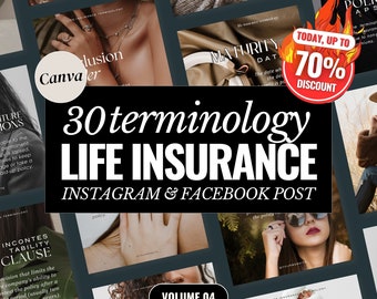 Plantillas para publicaciones de Instagram sobre terminología de seguros, glosario moderno (Canva)