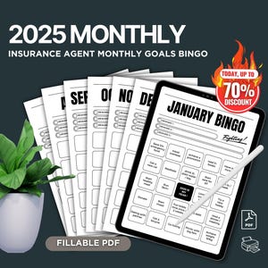 May include: A digital tablet displaying a printable January Bingo card for insurance agents. The card features goals such as "Save $1,000 in emergency fund", "Achieve a promotion", and "Start a new hobby". The tablet is surrounded by other printable bingo cards for each month of the year. The text "2025 Monthly Insurance Agent Monthly Goals Bingo" is at the top of the image. The text "JANUARY BINGO Fighting!" is on the tablet. The text "FILLABLE PDF" is at the bottom of the image.