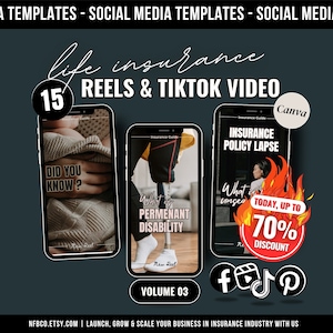 Puede incluir: Un collage de tres maquetas de pantalla de teléfono con plantillas de redes sociales para seguros de vida. La primera maqueta muestra un bebé envuelto en una manta con el texto "¿Sabías?" La segunda maqueta muestra a una persona con una pierna protésica con el texto "¿Qué es la discapacidad permanente?" La tercera maqueta muestra a una persona con un fuego detrás de ella con el texto "Caducidad de la póliza de seguro" y "Hoy, hasta un 70% de descuento". El texto "15 Reels & TikTok Video" y "Volumen 03" también se incluyen en la imagen.