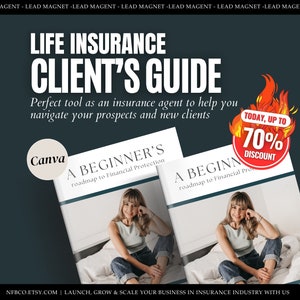 Puede incluir: Imagen promocional de una guía de seguros de vida. La imagen presenta el texto "LIFE INSURANCE CLIENT'S GUIDE" y "A BEGINNER'S roadmap to Financial Protection". También es visible un banner de "70% DISCOUNT". El logotipo de Canva está presente.