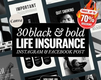 Plantillas de Canva para seguros de vida, contenido para redes sociales (30 publicaciones en blanco y negro)