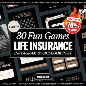 Life Insurance Instagram Post Templates | Fun Games Activities | Play Card Word Scramble Crossword Puzzle Insurance Creative Marketing Tools