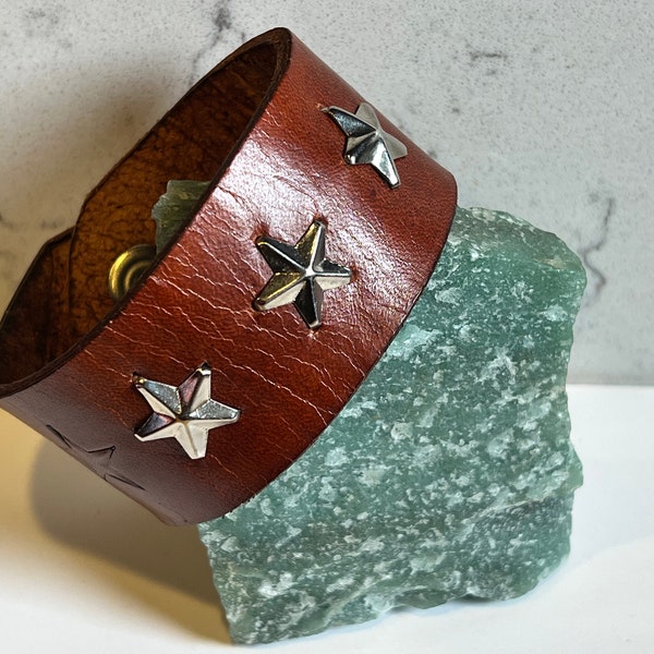 Brown Leather Star Studded Cuff Bracelet