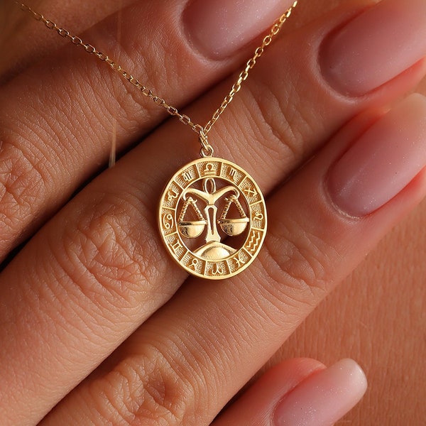 Zodiac Necklace, Astrological Sign Necklace Silver, Gold Filled Horoscope Necklace, Birthday Gift, Coin Libra Zodiac, Astrology Gift, AU 50