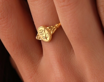 Custom Birth Flower Oval Signet Ring, 14k Gold Filled Engraved Jewelry
