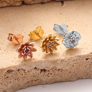 Custom Birthstone Stud Earring with Birthflower, Matching Stacking Jewelry Set for Unique Birthday Gift.