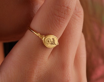 Birth flower signet ring, Pinky ring, Flower  ring, Custom Family ring gold, Floral rings for women, Birthday gift, Personalized ring, AU44