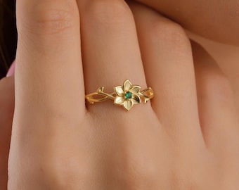 Personalized Birth Flower Ring with Birthstone | Gold Statement Ring