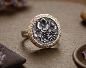 Custom Birth Flower Bouquet Signet Ring, Personalized Silver Botanical Jewelry