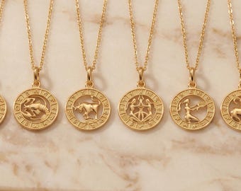 Dainty Zodiac Necklace, 12mm Coin Astrology Pendant, Minimalist Horoscope Jewelry.