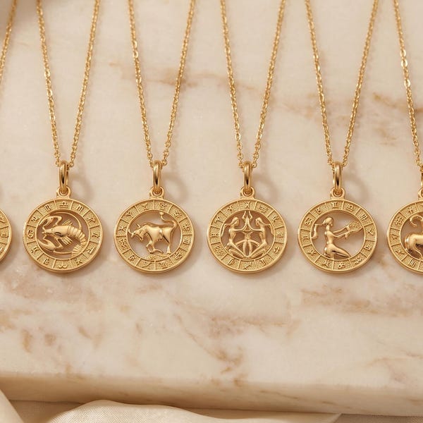 Dainty Zodiac Necklace, 0.,5" Coin Astrology Pendant, Minimalist Horoscope Jewelry.
