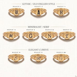 Font preview chart showing the personalized initial signet ring in three font styles: gothic, serif, and cursive.