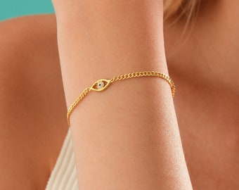 Evil Eye Bracelet, Women Bracelet, Gift for Daughter, Evil Eye Charm Protection Bracelet, Cuban Chain Gold Bracelet, Gift For Her, AU57