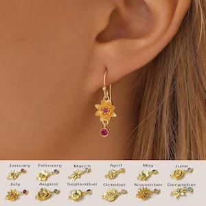 Drop Dangle Earrings, Birth Flower earring, Custom Birthstone Flower Jewelry, Birthday Month Flower Earrings, Gift for Her, AU21