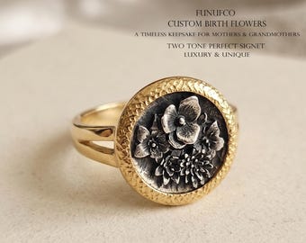 Personalized Gold Ring with Birth Flowers - Custom Family Signet Jewelry Gift for Her