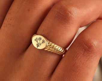 Birth Flower Ring, Signet Ring, Birth Month Flower, Birth Flower Jewelry, Personalized Ring, Family Flower Jewelry, Mom Gift, Gift For Her.