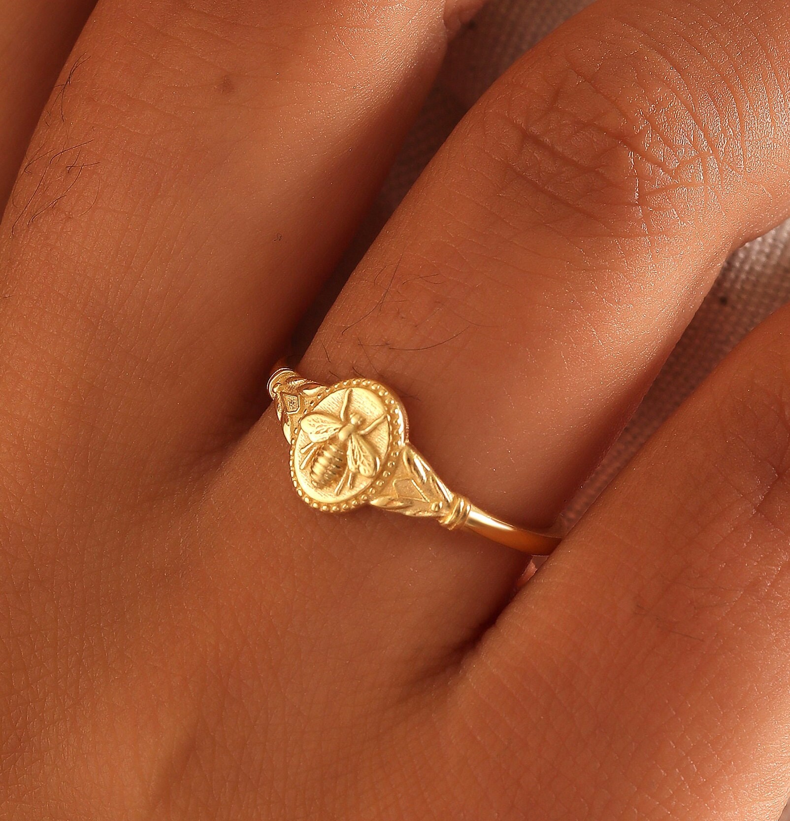 Gold Bee Ring, Honey Bee Signet Ring, Pinky Ring, Bee