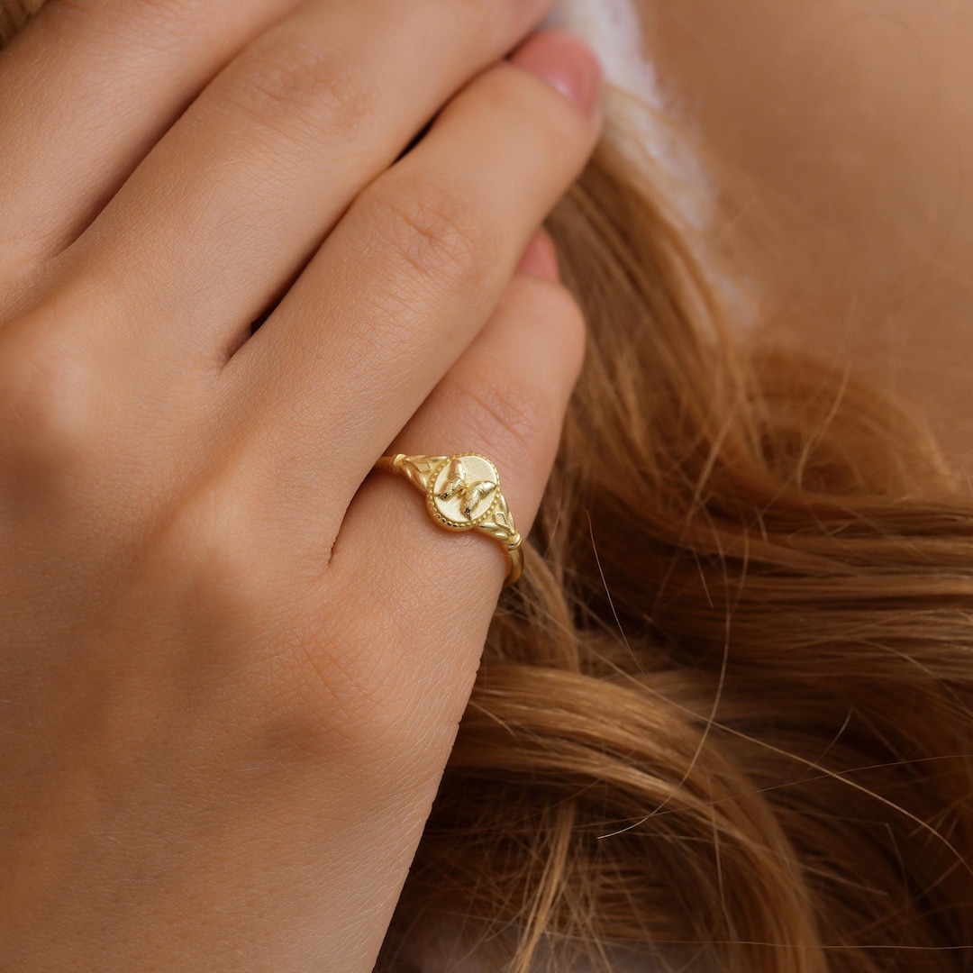 Butterfly Signet Ring, Pinky Ring, Unisex Gold Filled Ring