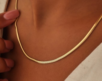 Gold filled herringbone snake chain necklace, Oval thick silver necklace, Waterproof chain necklaces for men and women, Jewelry gift , AU105