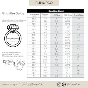 May include: A ring size chart with measurements in millimeters, US, UK, and Euro sizes. The chart includes a diagram for measuring ring size, with a hand and measuring tape illustration. The brand name "FUNUFCO" is at the top.
