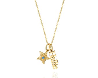 Custom Birth Flower and Name Necklace with Optional Add On Charms
