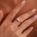 Moonstone statement rings for women, Gift for mom, Vintage jewelry, natural moonstone, Gold leaf mama ring, Silver gemstone jewelry, AU60