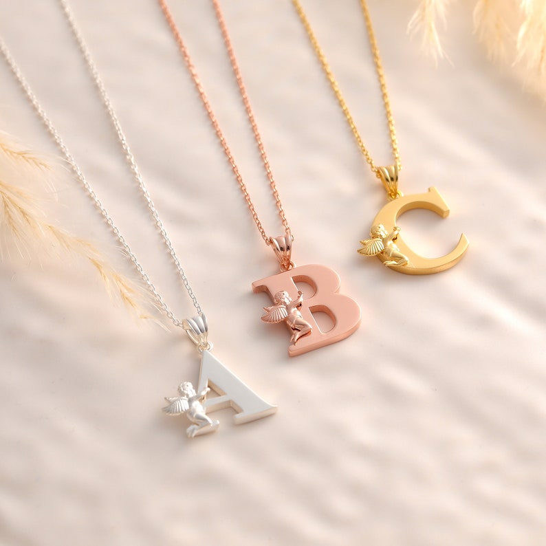 3d Angel Necklace, 3d Cherub Necklace, 3d Cherubim Necklace, 3d Letter Necklace Silver, 3d Letter Necklace Rose Gold Filled, 3d Charm Necklace, 3d Charm Pendant, Memorial Letter Angel Necklace, Personalize Jewelry, Gold Necklace, Personalize Gifts